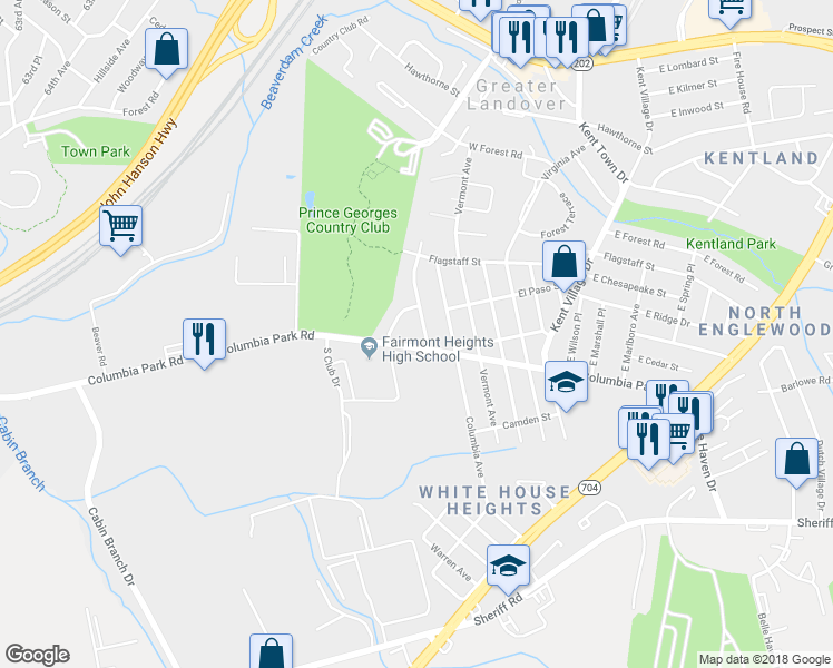 map of restaurants, bars, coffee shops, grocery stores, and more near 2112 Columbia Place in Hyattsville