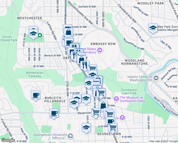 map of restaurants, bars, coffee shops, grocery stores, and more near 2141 Wisconsin Avenue Northwest in Washington