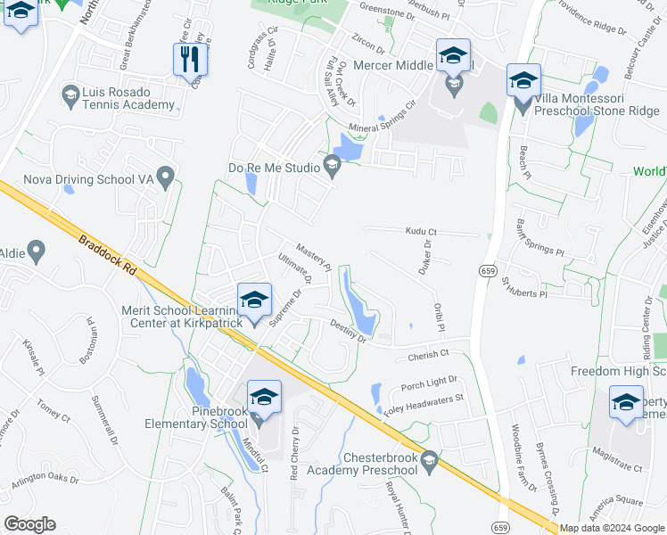 map of restaurants, bars, coffee shops, grocery stores, and more near 25278 Mastery Place in Aldie