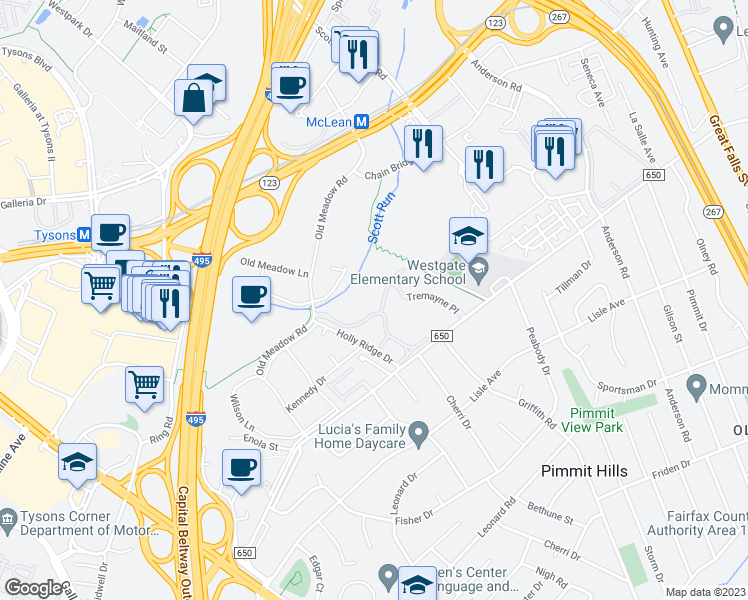 map of restaurants, bars, coffee shops, grocery stores, and more near 7720 Tremayne Place in McLean