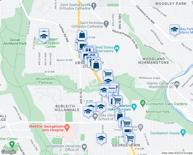 map of restaurants, bars, coffee shops, grocery stores, and more near 2130 Wisconsin Avenue Northwest in Washington