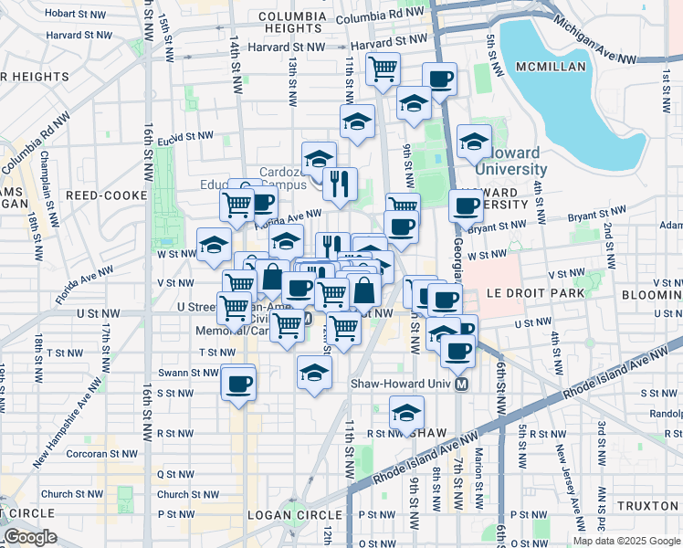 map of restaurants, bars, coffee shops, grocery stores, and more near 2100 11th Street Northwest in Washington