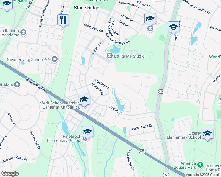 map of restaurants, bars, coffee shops, grocery stores, and more near 25278 Mastery Place in Aldie