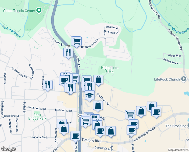 map of restaurants, bars, coffee shops, grocery stores, and more near 525 Huntridge Drive in Columbia