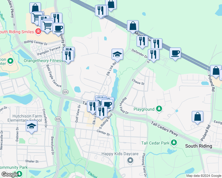 map of restaurants, bars, coffee shops, grocery stores, and more near 25260 Lake Shore Square in Chantilly