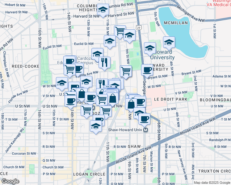 map of restaurants, bars, coffee shops, grocery stores, and more near 2105 10th Street Northwest in Washington