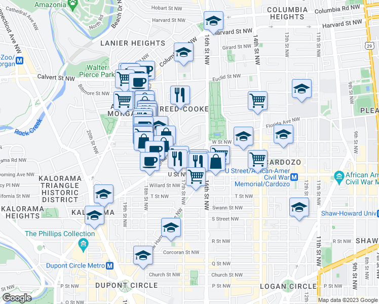 map of restaurants, bars, coffee shops, grocery stores, and more near 1644 Florida Avenue Northwest in Washington