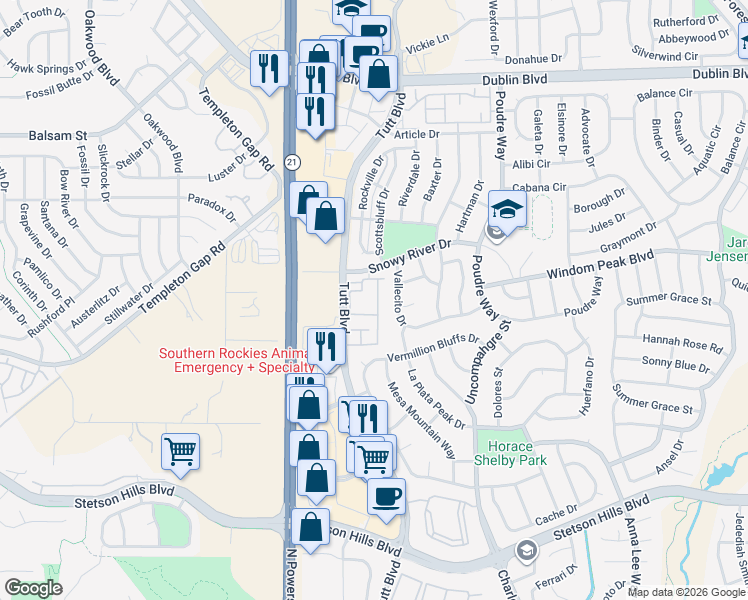 map of restaurants, bars, coffee shops, grocery stores, and more near 6058 Ensemble Heights in Colorado Springs