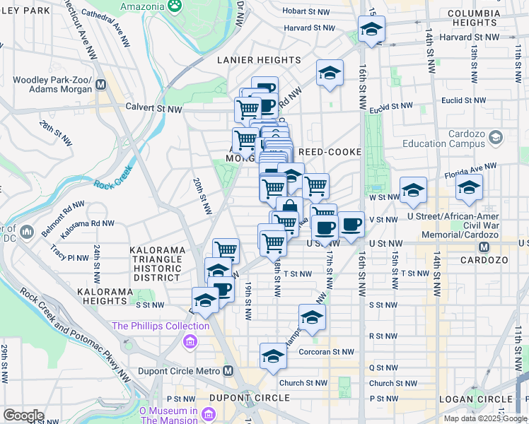 map of restaurants, bars, coffee shops, grocery stores, and more near 1812 Wyoming Avenue Northwest in Washington