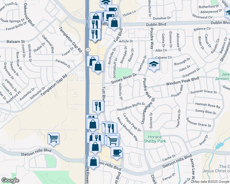 map of restaurants, bars, coffee shops, grocery stores, and more near 6074 Vallecito Drive in Colorado Springs