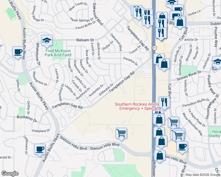 map of restaurants, bars, coffee shops, grocery stores, and more near 5285 Stillwater Drive in Colorado Springs