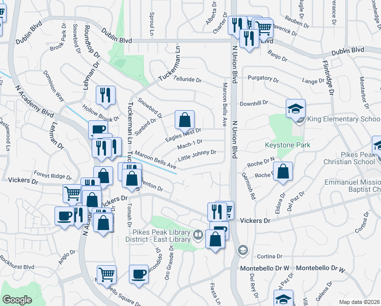 map of restaurants, bars, coffee shops, grocery stores, and more near 6104 Mach-1 Drive in Colorado Springs