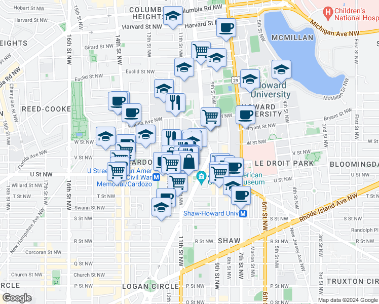 map of restaurants, bars, coffee shops, grocery stores, and more near 101 Independence Avenue Southeast in Washington