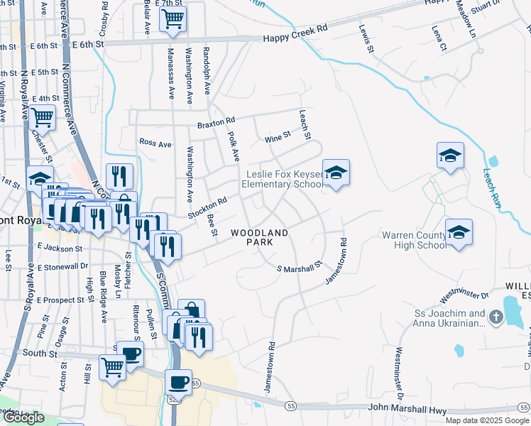 map of restaurants, bars, coffee shops, grocery stores, and more near 828 East Stonewall Drive in Front Royal