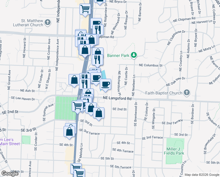 map of restaurants, bars, coffee shops, grocery stores, and more near 304 Northeast Westwind Drive in Lee's Summit