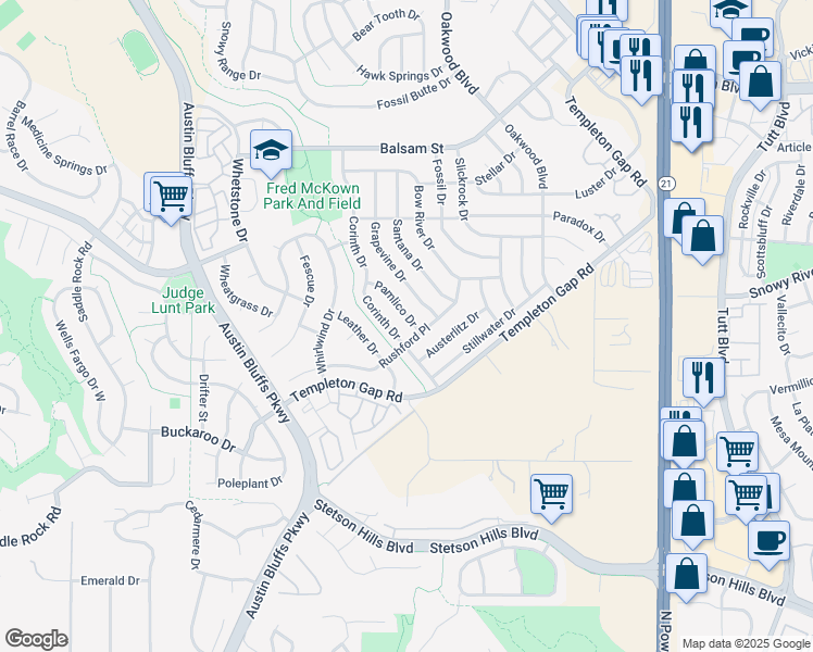 map of restaurants, bars, coffee shops, grocery stores, and more near 5720 Pamlico Drive in Colorado Springs