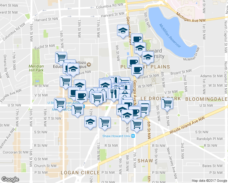 map of restaurants, bars, coffee shops, grocery stores, and more near 2110 Vermont Avenue Northwest in Washington