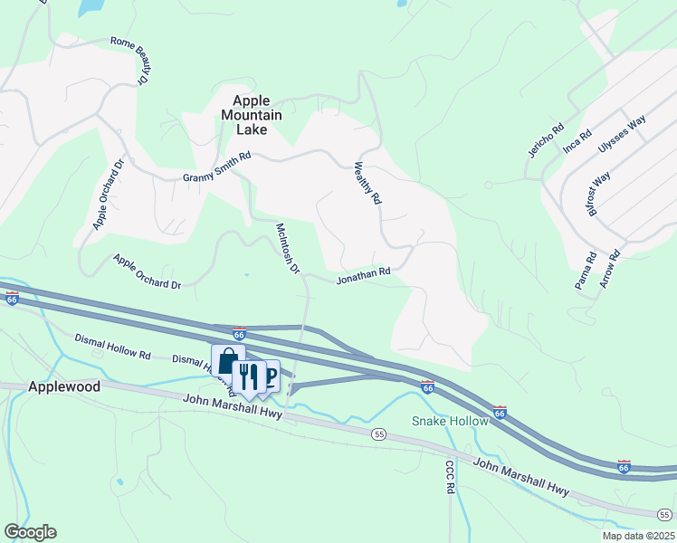 map of restaurants, bars, coffee shops, grocery stores, and more near 33 Apple Core Road in Apple Mountain Lake