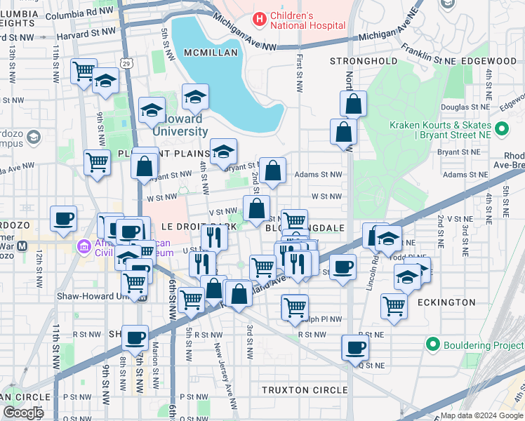 map of restaurants, bars, coffee shops, grocery stores, and more near 2111 2nd Street Northwest in Washington