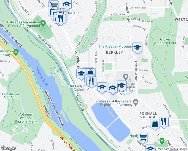 map of restaurants, bars, coffee shops, grocery stores, and more near 4823 V Street Northwest in Washington