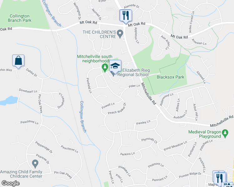map of restaurants, bars, coffee shops, grocery stores, and more near 15702 Piller Lane in Bowie