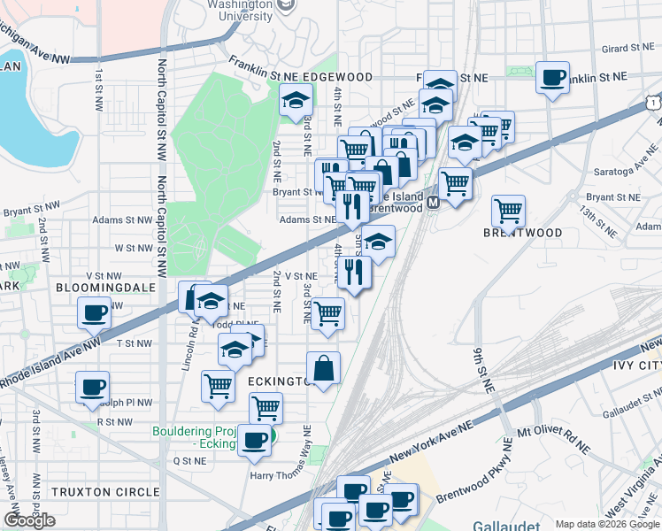 map of restaurants, bars, coffee shops, grocery stores, and more near 101 Independence Avenue Southeast in Washington