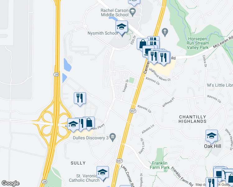 map of restaurants, bars, coffee shops, grocery stores, and more near 13789 Air and Space Museum Parkway in Herndon