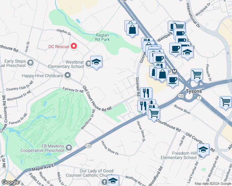 map of restaurants, bars, coffee shops, grocery stores, and more near 1878 Amberwood Manor Court in Vienna