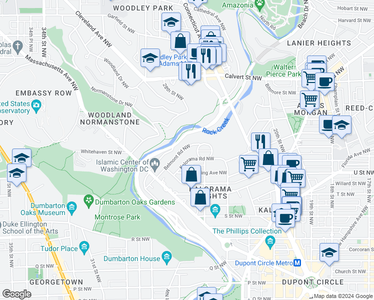 map of restaurants, bars, coffee shops, grocery stores, and more near 2438 Belmont Road Northwest in Washington