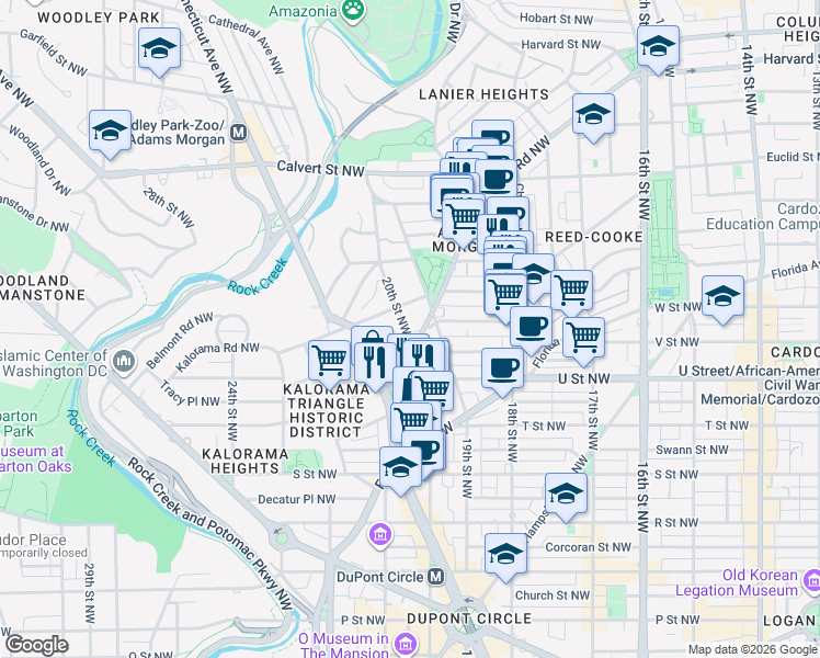 map of restaurants, bars, coffee shops, grocery stores, and more near 2227 20th Street Northwest in Washington