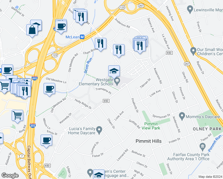 map of restaurants, bars, coffee shops, grocery stores, and more near 7600 Tremayne Place in McLean
