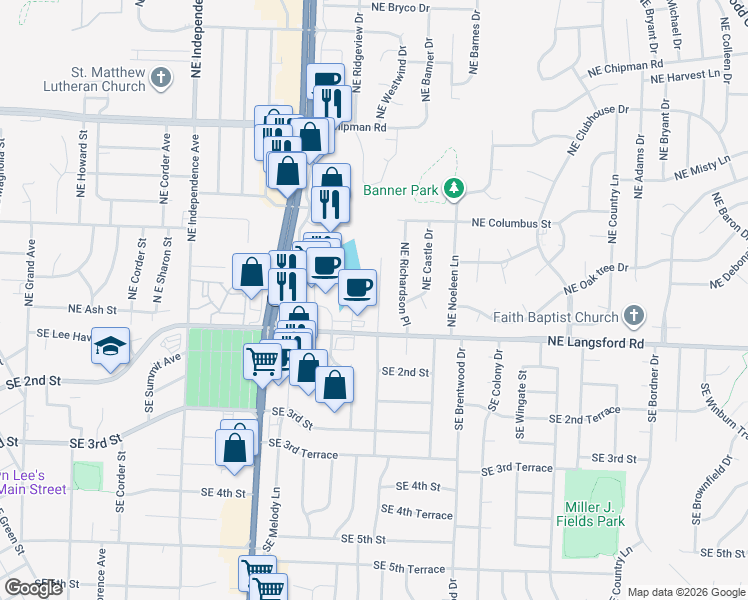 map of restaurants, bars, coffee shops, grocery stores, and more near 304 Northeast Westwind Drive in Lee's Summit