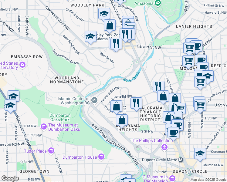 map of restaurants, bars, coffee shops, grocery stores, and more near 2438 Belmont Road Northwest in Washington