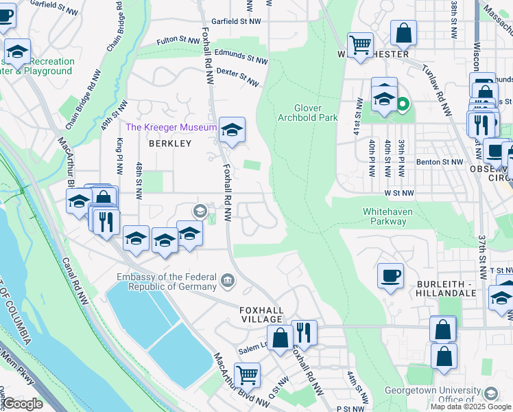 map of restaurants, bars, coffee shops, grocery stores, and more near 4410 Meadow Road in Washington