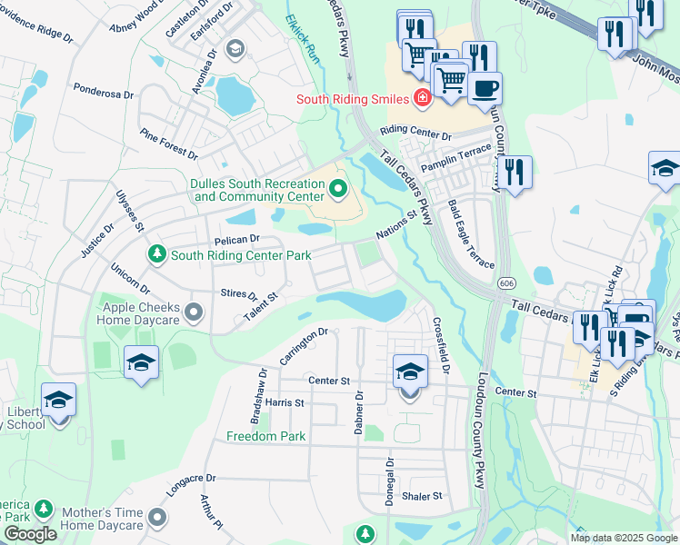 map of restaurants, bars, coffee shops, grocery stores, and more near 42707 Sandman Terrace in South Riding