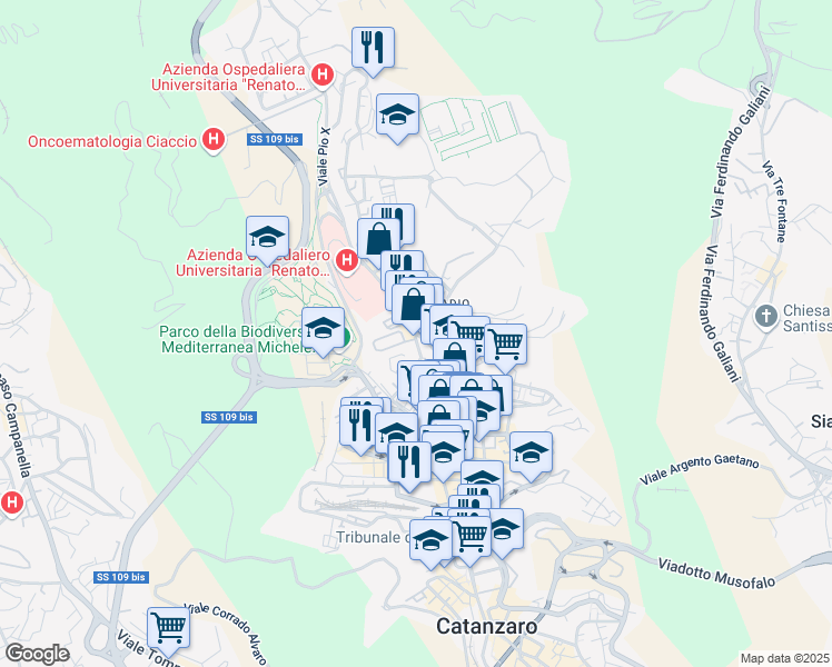 map of restaurants, bars, coffee shops, grocery stores, and more near 1 Via Cortese Vinicio in Catanzaro