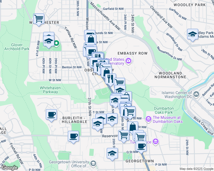 map of restaurants, bars, coffee shops, grocery stores, and more near 2150 Wisconsin Avenue Northwest in Washington