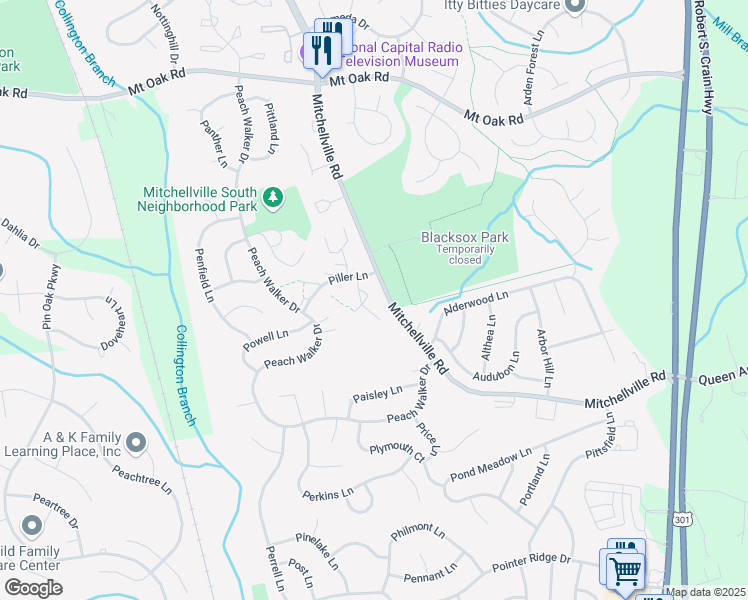 map of restaurants, bars, coffee shops, grocery stores, and more near 2125 Princess Anne Court in Bowie