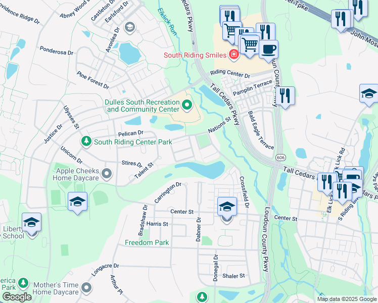 map of restaurants, bars, coffee shops, grocery stores, and more near 42709 Sandman Terrace in South Riding