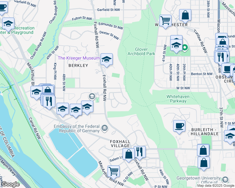 map of restaurants, bars, coffee shops, grocery stores, and more near 4410 Meadow Road in Washington