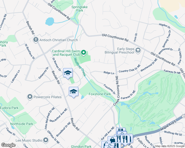 map of restaurants, bars, coffee shops, grocery stores, and more near 1841 Foxstone Drive in Vienna