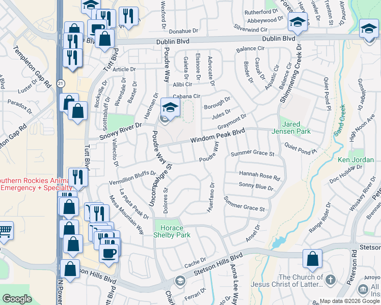 map of restaurants, bars, coffee shops, grocery stores, and more near 5950 Grover Drive in Colorado Springs