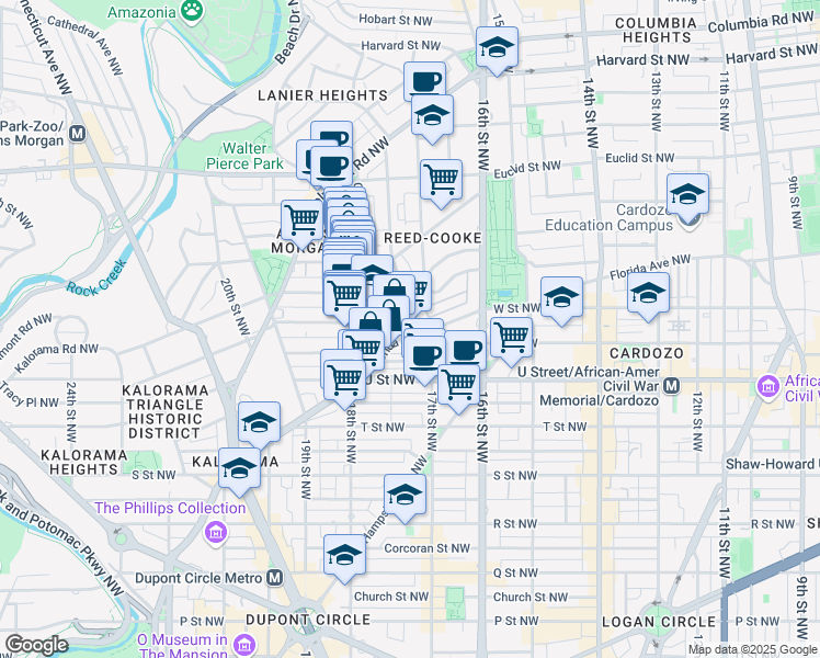map of restaurants, bars, coffee shops, grocery stores, and more near 1701 Florida Avenue Northwest in Washington