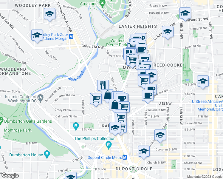 map of restaurants, bars, coffee shops, grocery stores, and more near 2010 Kalorama Road Northwest in Washington