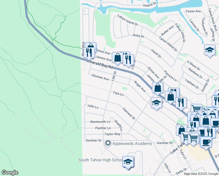 map of restaurants, bars, coffee shops, grocery stores, and more near 1933 13th Street in South Lake Tahoe