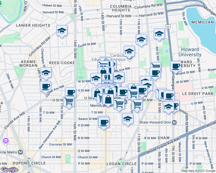map of restaurants, bars, coffee shops, grocery stores, and more near 2125 14th Street Northwest in Washington