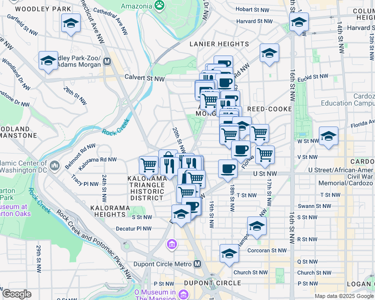 map of restaurants, bars, coffee shops, grocery stores, and more near 1901 Wyoming Avenue Northwest in Washington