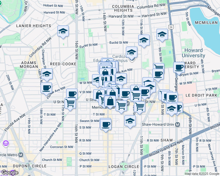 map of restaurants, bars, coffee shops, grocery stores, and more near 2125 14th Street Northwest in Washington