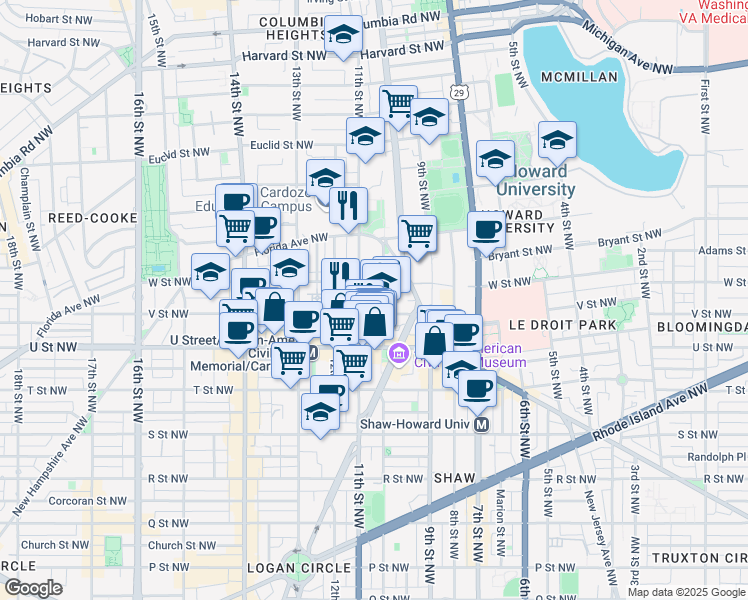 map of restaurants, bars, coffee shops, grocery stores, and more near 2108 10th Street Northwest in Washington