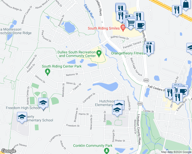 map of restaurants, bars, coffee shops, grocery stores, and more near 42695 Sandman Terrace in Chantilly
